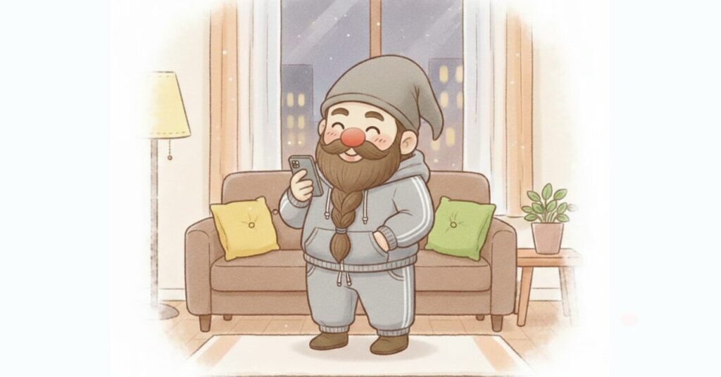 ベネクスのリカバリームーブを着たドワーフが夜のリビングでスマホを見ながら笑顔で確認している様子。通勤や自宅リラックスなど生活スタイル別に向いている人を判断しているイメージ画像