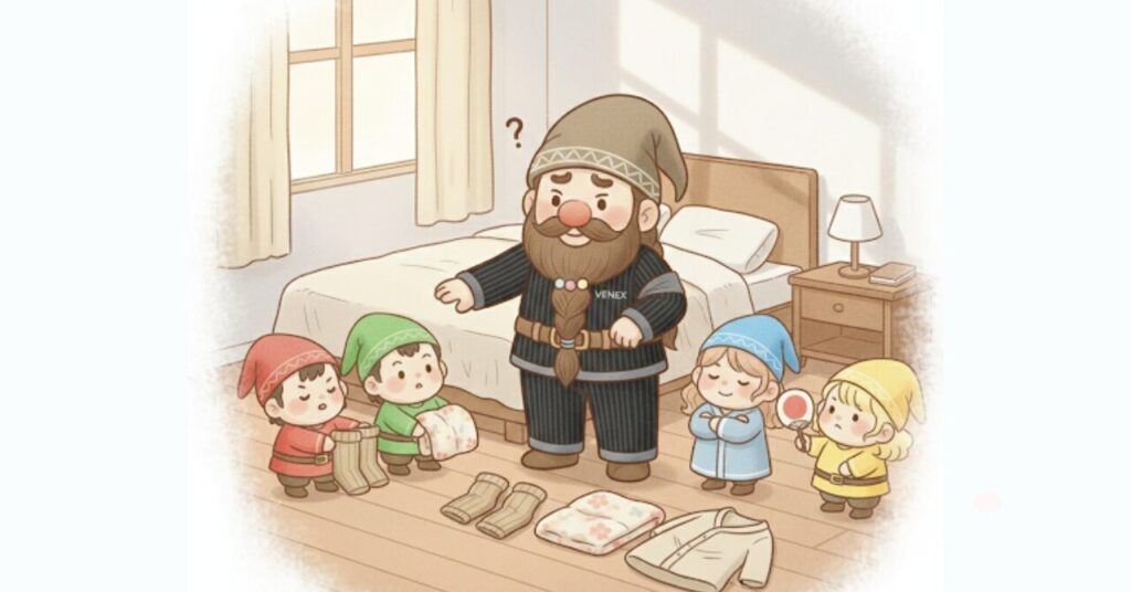 ベネクスのニットサッカー素材リカバリーパジャマを着たドワーフが朝の寝室で靴下やブランケット、薄手インナーなどを前に並べて迷い、小人たちがそれぞれ違う提案をしている様子を描いた季節や体質に合わせた着方を解説する記事用画像