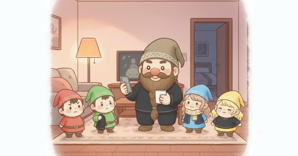 リビングで黒い長袖ジャージを着たドワーフがスマホとメモを持ち、4人の小人と一緒にリカバリーウェアの使い方を確認している様子。ベネクス系リカバリージャージの正しい運用イメージ。