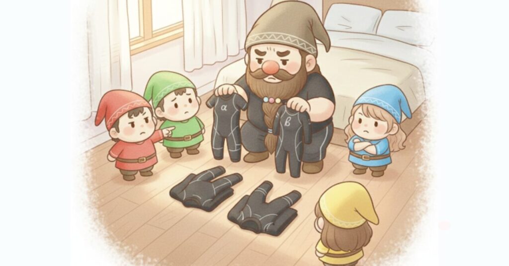 寝室でドワーフがリライブインナーαとβを持ち比べ、床に並べたウェアを前に小人たちと悩んでいる様子を描いた比較シーンのイラスト