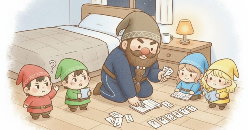 夜の寝室で質問カードを整理しながら答えを考えるドワーフと、小人たちが相談するリカバリーウェア選びのイメージ画像