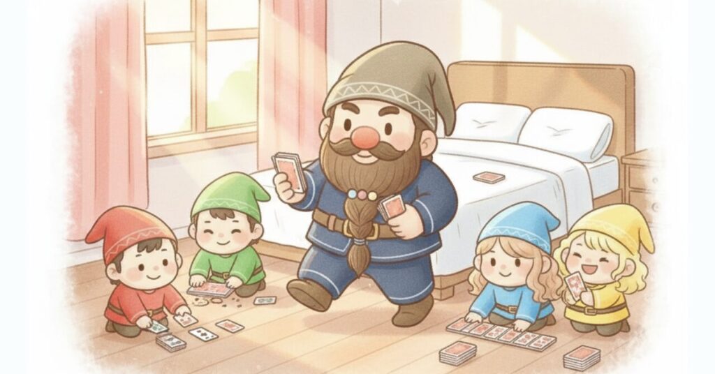 朝の寝室でカード整理を終えて前向きに歩き出すドワーフと、小人たちが笑顔で見守るリカバリーウェア選びのまとめイメージ画像