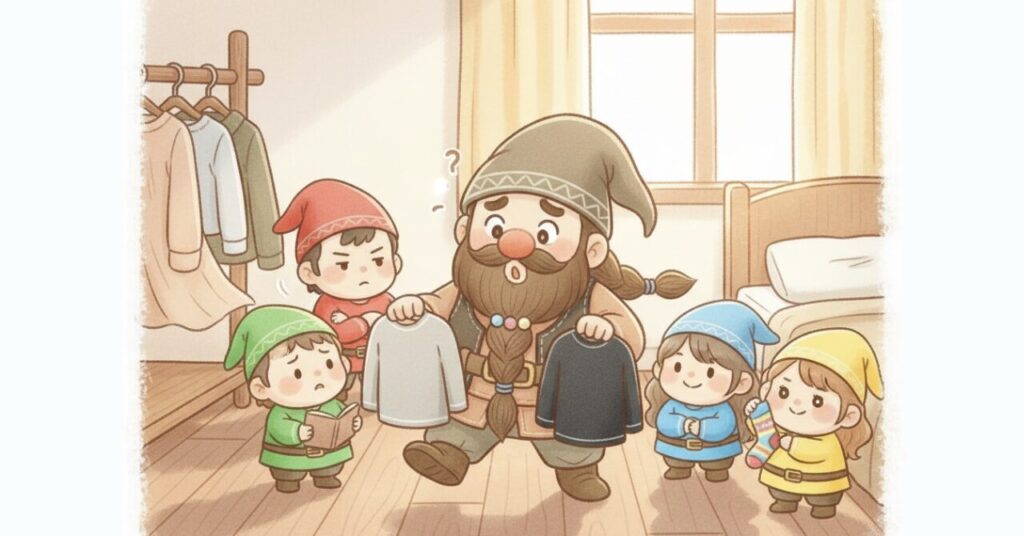 リカバリーウェアの2着を見比べて迷うドワーフと、慎重に選び方を考える小人たちが集まっているイラスト。慎重派が失敗しやすい場面を表現。