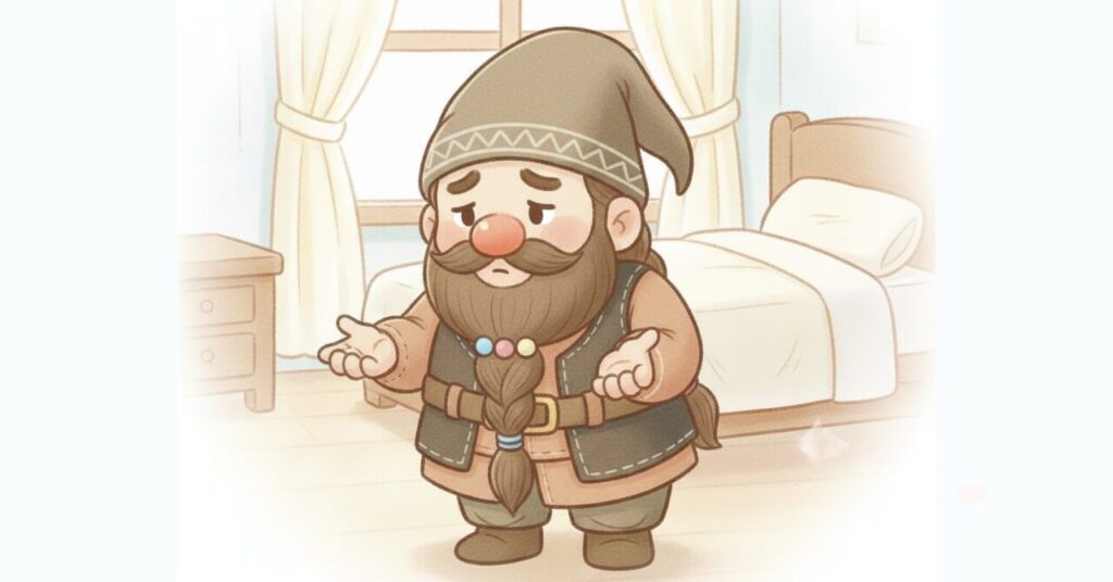 寝室でドワーフが少し困った表情で両手を広げ、不安や疑問を受け止めている様子。ベネクスのリカバリーウェア「コンフォートタッチ」に関するよくある不安を整理し、安心につなげる場面を表現したイメージ