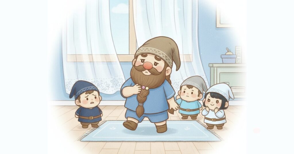 ベネクスの夏用リカバリーウェア「コンフォートクール」を着たドワーフが、室内で一歩踏み出しながら考え込む様子を、小人たちが周囲でそれぞれ不安・疑問・安心の表情で見守っているFAQイメージ