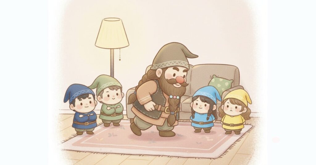 ベネクスのリカバリーデイズについて、ドワーフと小人たちが集まり記事のポイントを振り返っているイラスト。向いている人・向いていない人や使い方の結論をまとめて確認する場面。