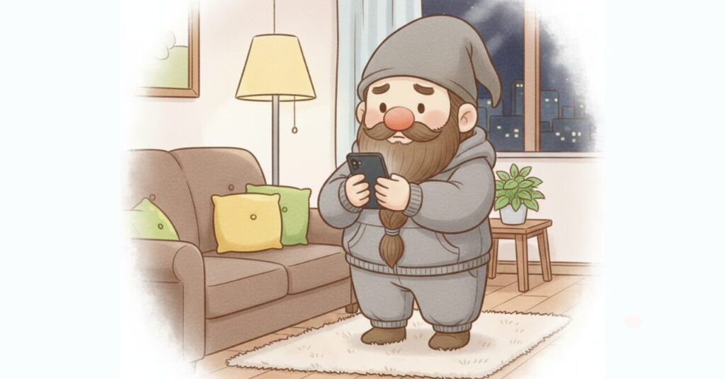 ベネクスのリカバリームーブを着たドワーフが夜のリビングでスマホを両手に持ち、不安そうに確認している様子。効果やサイズ感、洗濯方法などよくある疑問を解消するFAQシーンのイメージ画像