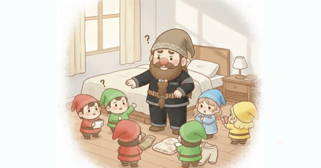 ベネクスのニットサッカー素材リカバリーパジャマを着たドワーフが朝の寝室で小人たちに囲まれ、たくさんの質問を受けながら説明している様子を描いた、よくある疑問を解消するFAQ記事用画像