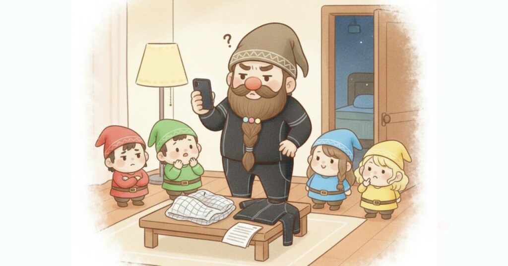 リビングで黒いリカバリージャージを着たドワーフがスマホを見ながら疑問を確認し、小人たちが不安そうに相談している様子のイラスト