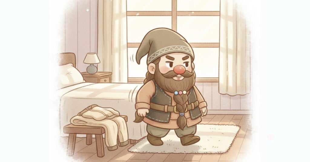 朝の光が差し込む寝室で、ドワーフが一歩踏み出しながら前を見据えている様子。ベネクスのリカバリーウェア「コンフォートタッチ」の要点を整理し、納得して次の行動へ向かう締めのイメージ