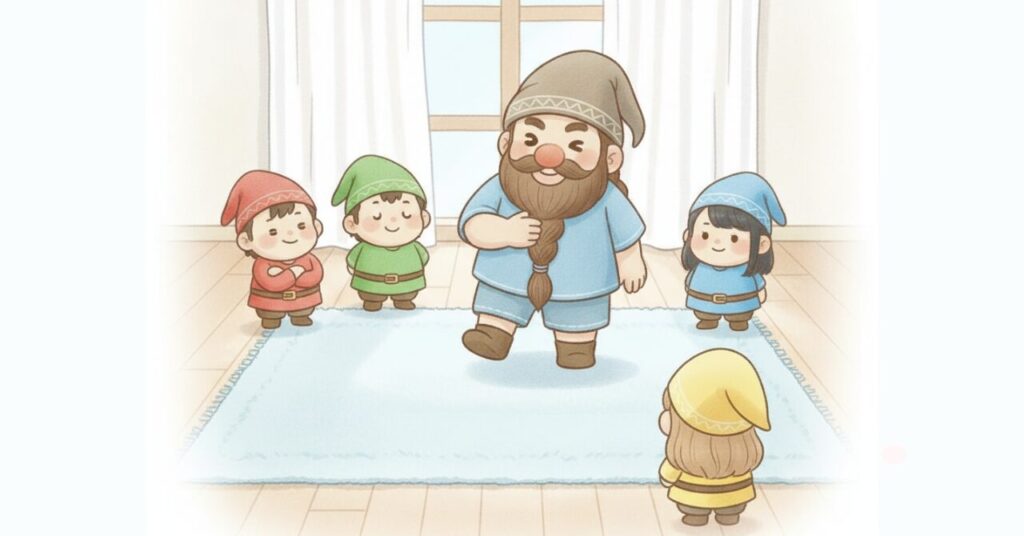 ベネクスの夏用リカバリーウェア「コンフォートクール」を着たドワーフが、室内で一歩踏み出しながら安心した表情を見せ、周囲の小人たちが納得した様子で見守っているまとめシーン