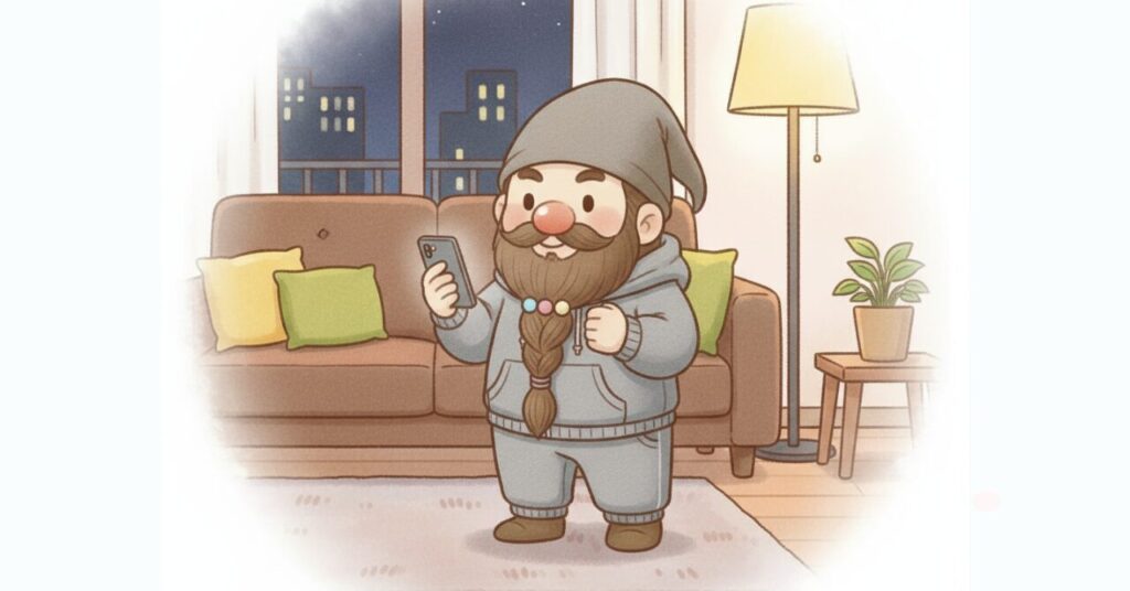 ベネクスのリカバリームーブを着たドワーフが夜のリビングでスマホを見ながらガッツポーズをして納得している様子。効果や向いている人、不安点を整理したまとめパートのイメージ画像