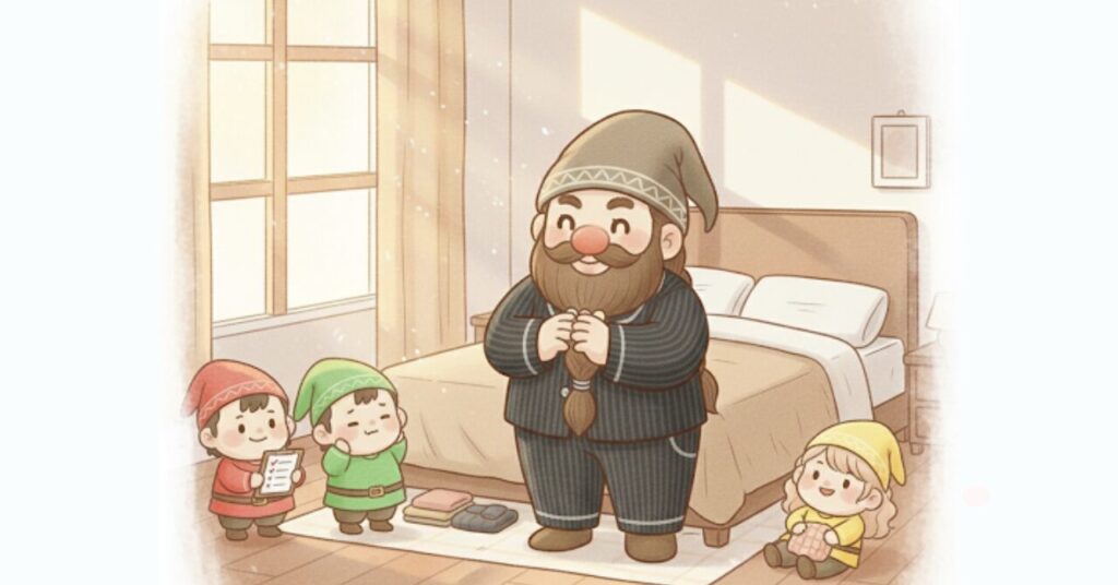 ベネクスのニットサッカー素材リカバリーパジャマを着たドワーフが朝の寝室で満足そうにうなずき、小人たちと一緒に安心した表情で並んでいる様子を描いた、記事内容を振り返るまとめパート用画像