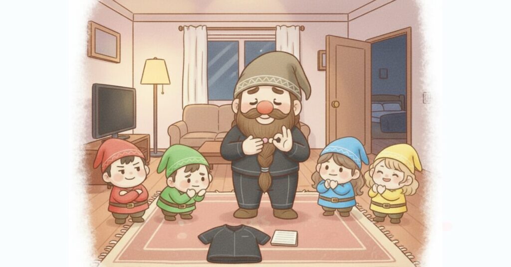 リビングでベネクスの黒いリカバリージャージを前に、安心した表情のドワーフと喜ぶ小人たちのイラスト