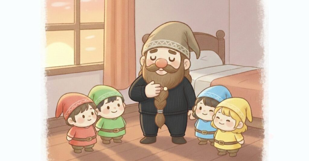 夕方の寝室でドワーフと小人たちが笑顔で並び、リライブインナーβの記事内容を振り返っているまとめシーンのイラスト