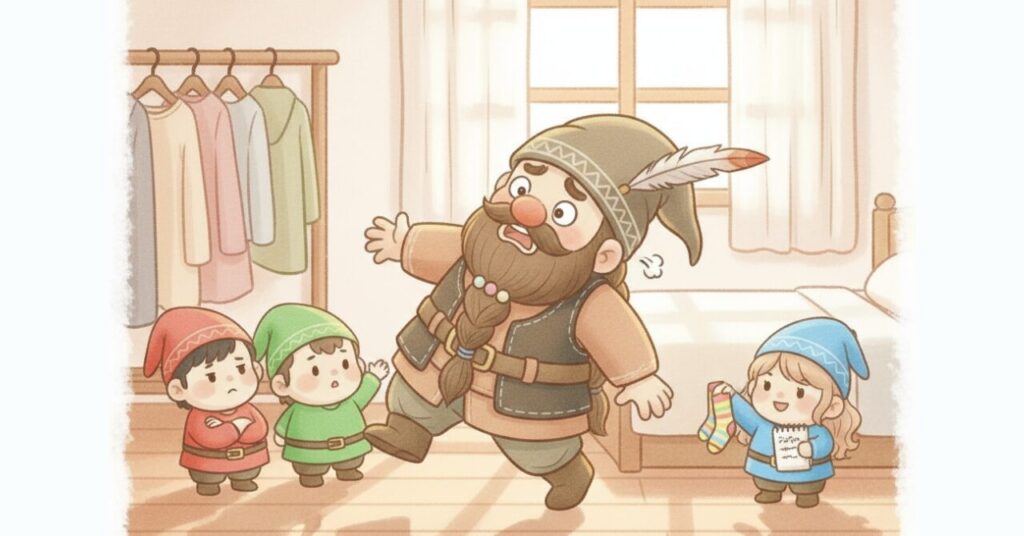 質問が多くて困惑するドワーフと、それぞれ違う質問を抱えた小人たちが集まっているシーンのイラスト。リカバリーウェアに関するFAQを象徴する構図。