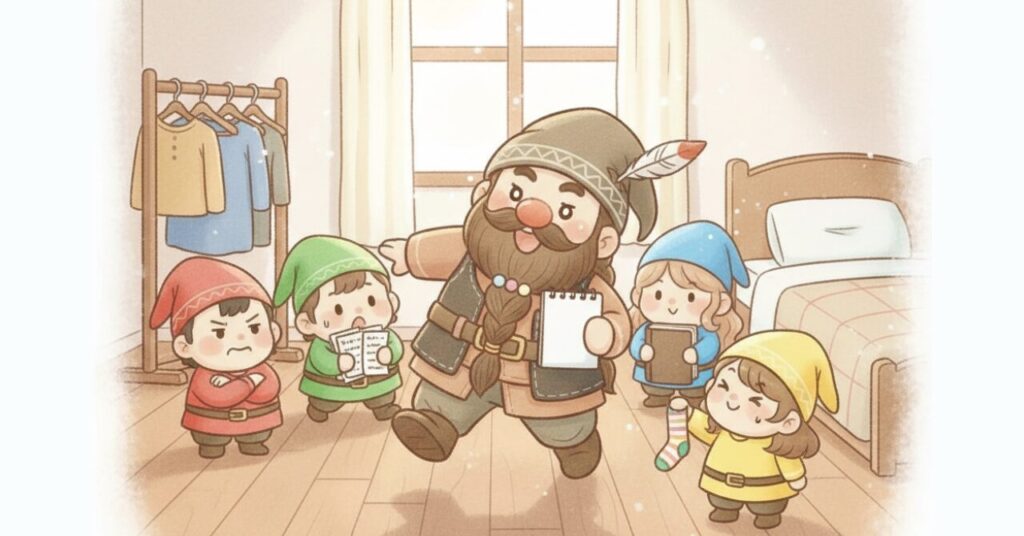 記事のポイントをまとめようと張り切るドワーフと、それぞれメモや小物を持ってサポートする小人たちが集まる様子を描いたイラスト。リカバリーウェア解説記事のまとめを象徴するシーン。