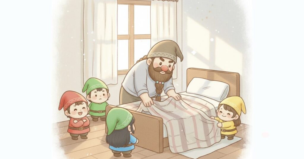 ベネクスのおうちインナーを着たドワーフが朝の寝室で布団を整えながら様子を確認し、小人たちが見守っているイラスト。冷えや寝起きのだるさに悩む人向けのリカバリーウェア解説用画像