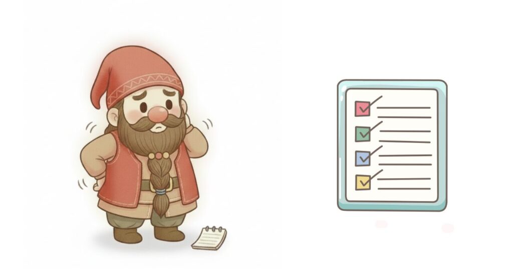 首と腰に手を当てて体の状態を確認するドワーフとチェックリストを描いた、検証前の疲れや正直な感覚を表す見出し画像