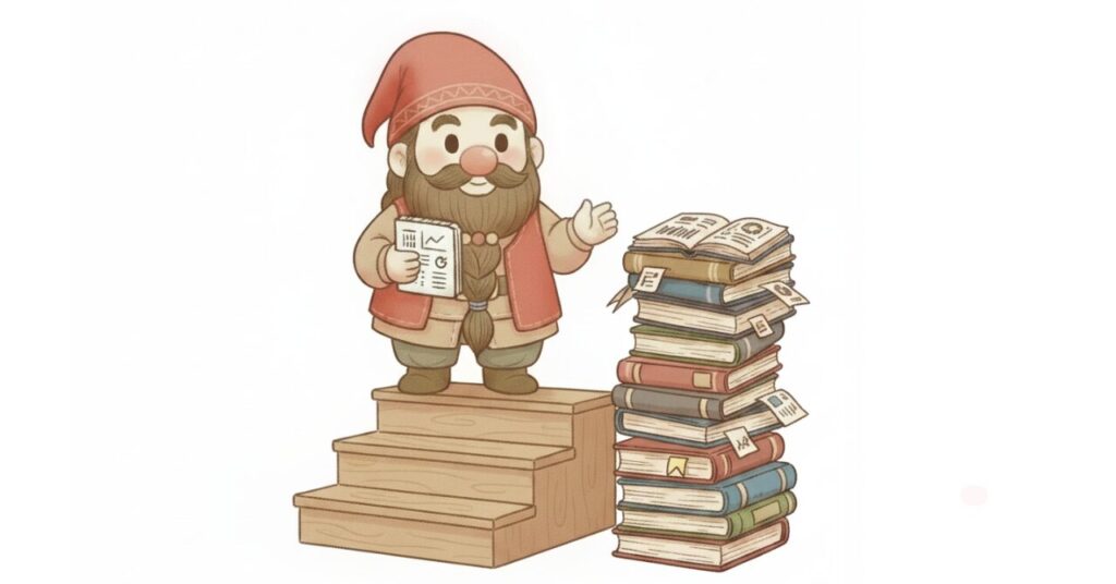 階段の上に立って記録用紙を持つドワーフと積み上がった本が、リカバリーウェア効果検証を今後の睡眠データで判断していく流れを表している見出し画像