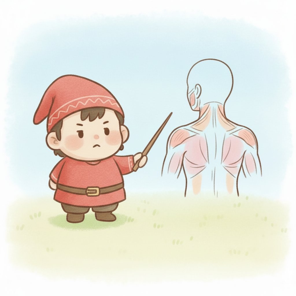 肩こり・首こりが起きる仕組みを解説する小人キャラクターの挿絵
