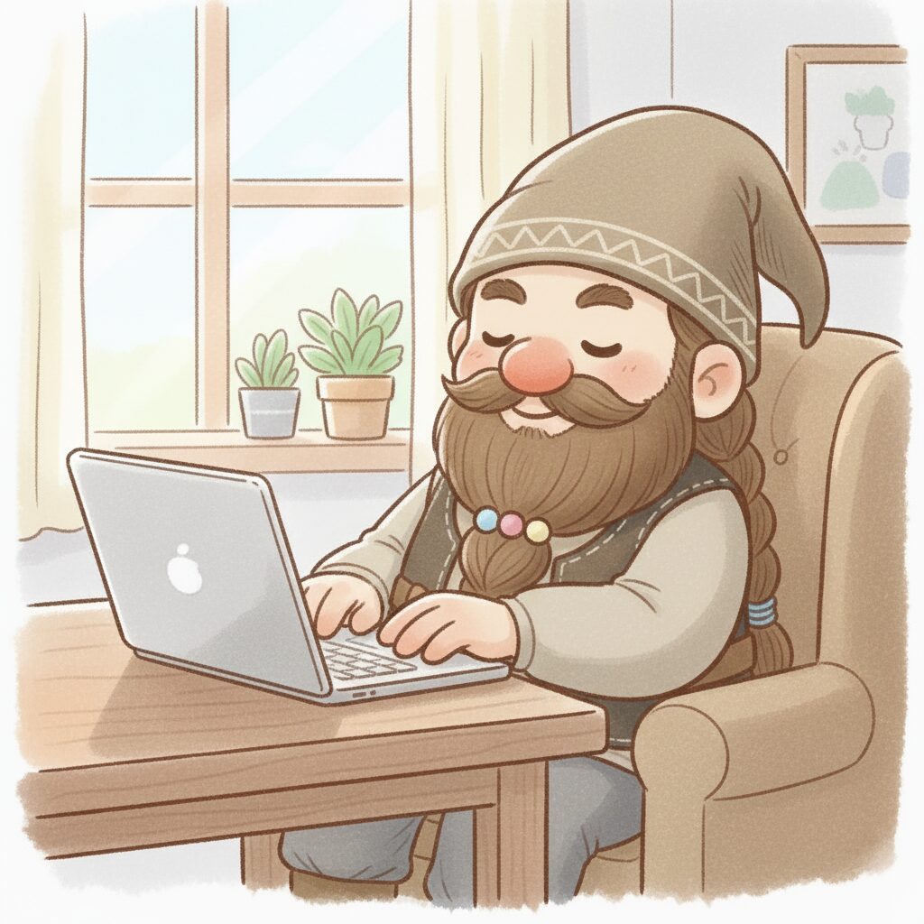 PC前でくつろぐリカバリーウェア姿のドワーフ