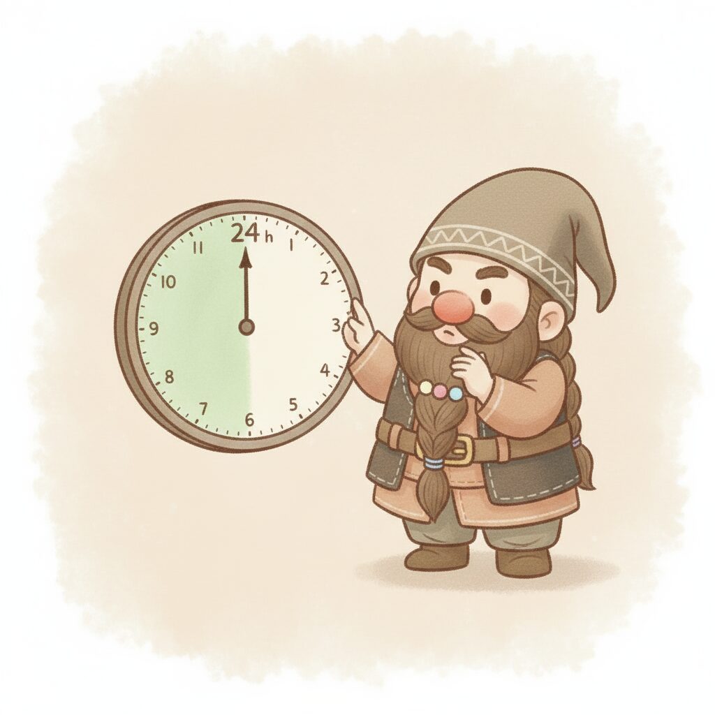 24時間時計で最適な着用時間を考えるドワーフ