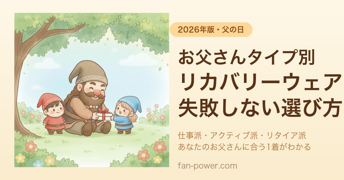 父の日にお父さんドワーフが赤の小人（男の子）と青の小人（女の子）からリカバリーウェアの贈り物を受け取るイラスト
