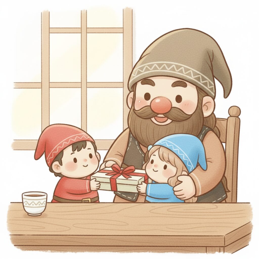 夕飯の食卓で赤の小人と青の小人がお父さんドワーフにリカバリーウェアの贈り物を渡すサプライズシーン