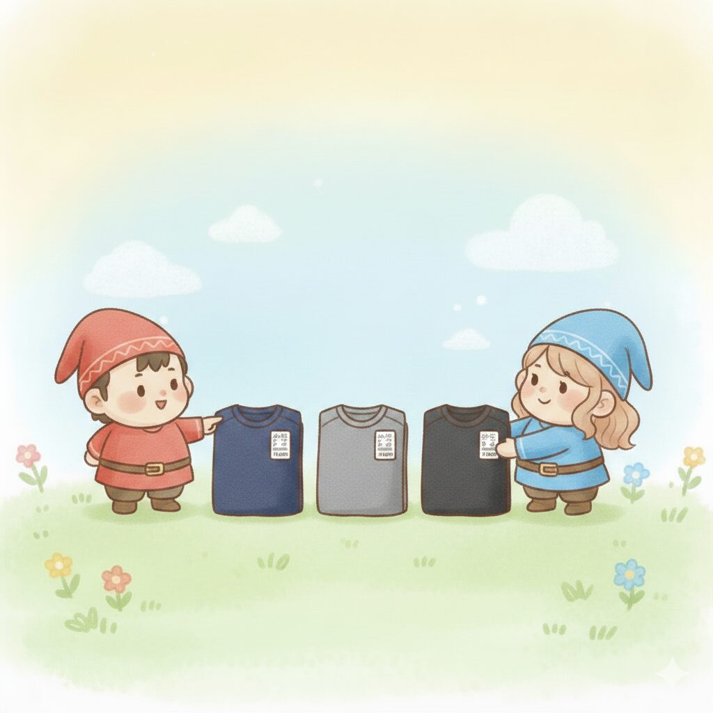 3色のリカバリーウェアを比較する赤の小人と青の小人
