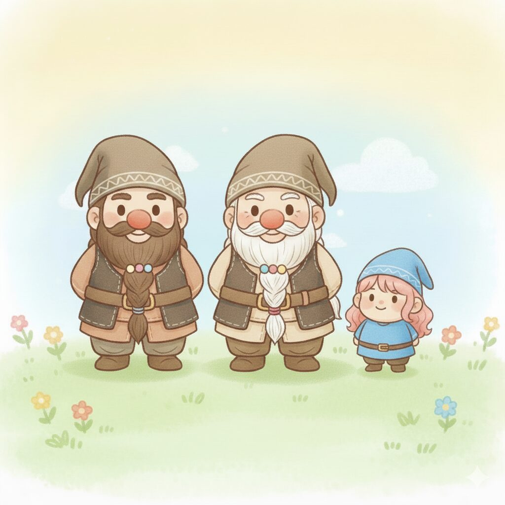 義父役と若お父さんと青の小人の家族写真風シーン