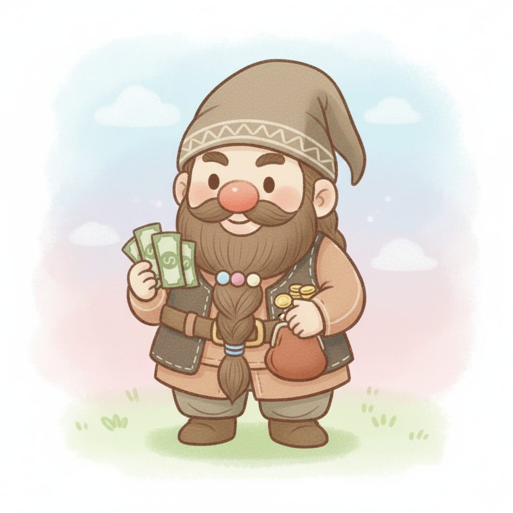 ネムドワがお金とコイン袋を持って予算を考えているイラスト