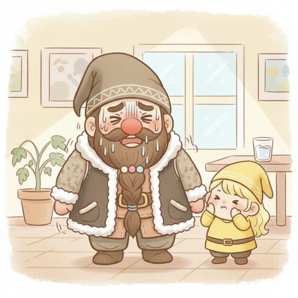 夏に冬服を着て汗だくのドワーフと困った黄色の小人