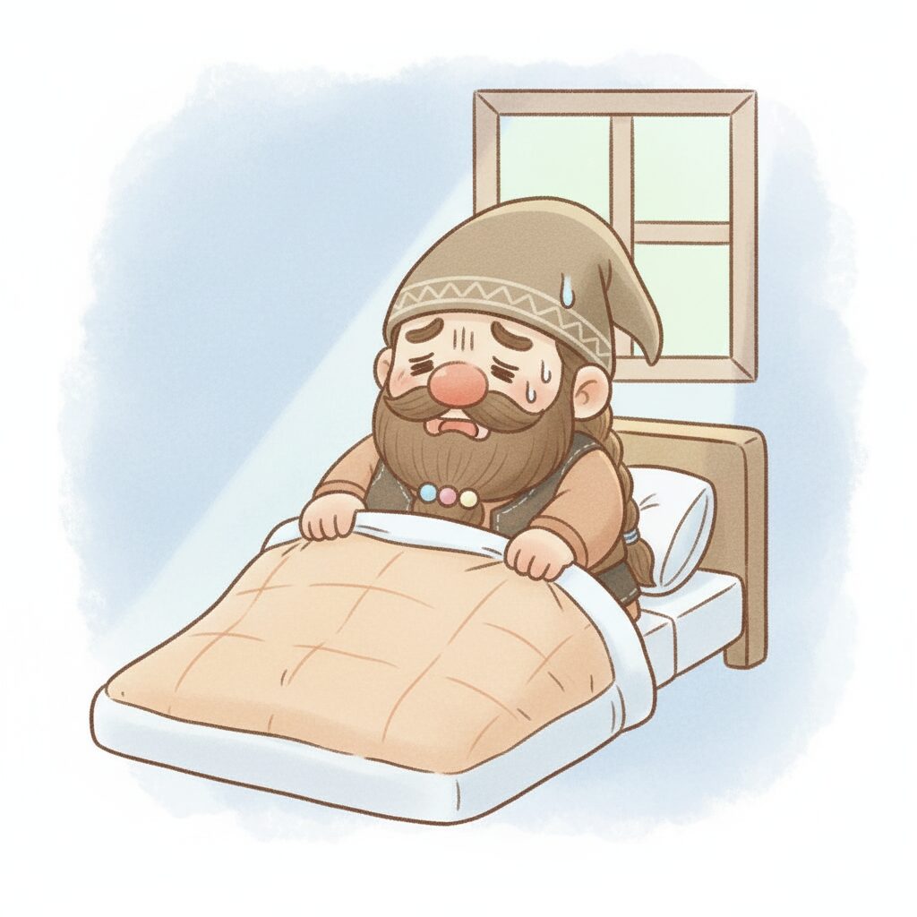 夏の寝苦しさで額に汗をかいて困るドワーフ