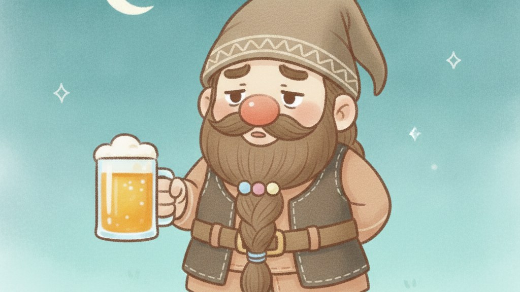 ネムドワが夜にお酒のグラスを持ち困り顔で飲酒した夜の回復不十分を表すイラスト