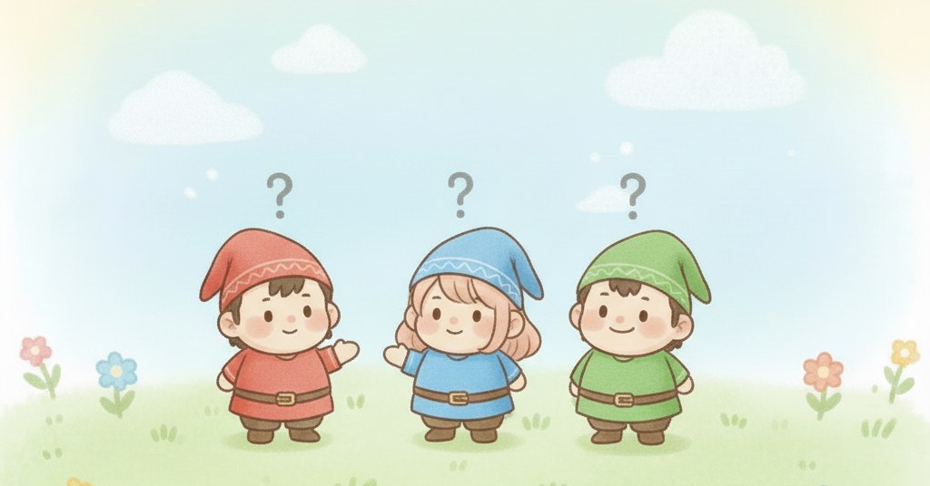 ドワーフが「着圧?」と書かれた質問の紙を整理しながら、小人たちの疑問にひとつずつ答えていく様子を描いたイラスト